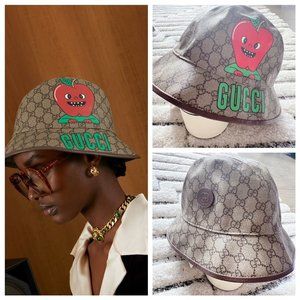 NEW Gucci Apple Supreme Logo Fedora Basket Hat Coated Canvas Beige Ebony Size M